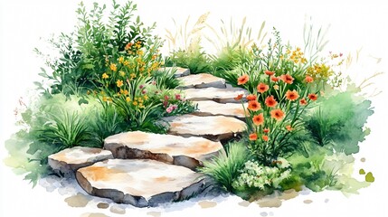 Serene Garden Pathway Watercolor Illustration for Backyard Landscaping Inspiration