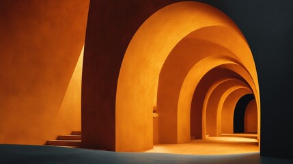 Bold modern architecture with overlapping orange arches in dramatic shadow and soft light transitions.