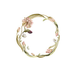 Watercolor floral wreath. Hand painted garden flowers, leaves, wildflowers and tulips. Frame isolated on white background. Botanical illustration for card design, print or background