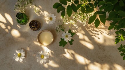 Tranquil Aromatherapy Setup with Natural Elements, Candles, Essential Oils, and White Flowers on Textured Surface
