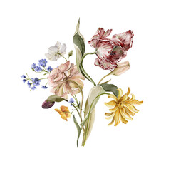 Watercolor floral composition. Hand painted garden flowers, leaves, wildflowers and tulips. Bouquet isolated on white background. Botanical illustration for design, print or background