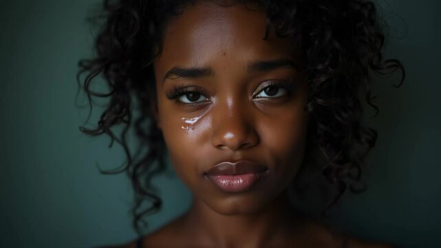 A young woman with a sad expression her face wet with tears. Concept Portrait Photography, Emotions, Crying Woman, Sadness, Tears