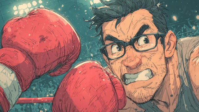 Nerdy guy in glasses takes a humorous punch on a vibrant street