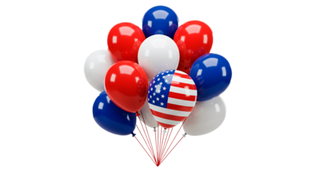 Patriotic balloons red white and blue for independence day or memorial day celebration decoration on transparent background