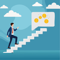 Advice, discussion talking, guidance, tips or suggestion for business success, help, wisdom, feedback to help develop improvement concept, businessman walk up speech bubble as stair to reach succes