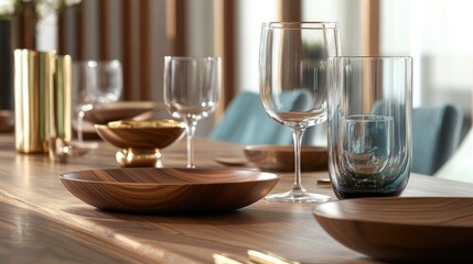 Elegant Table Setting with Wooden Bowls and Unique Glassware for Modern Dining Experience