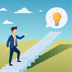 Advice, discussion talking, guidance, tips or suggestion for business success, help, wisdom, feedback to help develop improvement concept, businessman walk up speech bubble as stair to reach succes