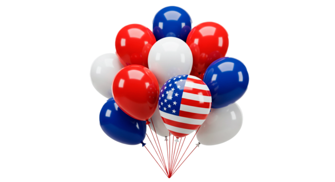 Patriotic balloons red white and blue for independence day or memorial day celebration decoration on transparent background