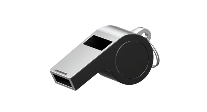 Isolated silver metal whistle for sports referee coach safety and emergency use on black background on transparent background