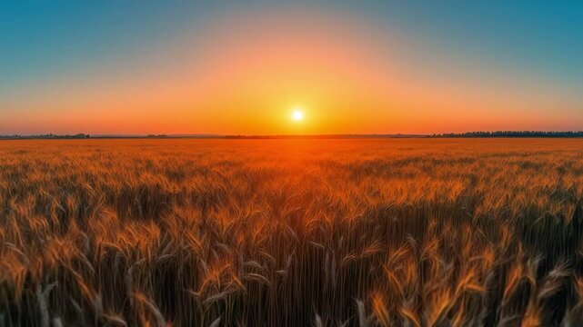 A radiant sunrise illuminates vast agrivoltaic wheat fields, creating a golden glow across the ripened crops. This peaceful scene highlights the beauty of nature and sustainable farming.