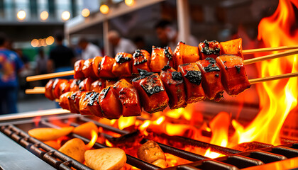 sizzling smoky bbq kebab charring over fiery grill, backyard barbecue setup. bustling urban food fair. mouthwatering skewered delights slow-roasting, open-air dining plaza. sunny outdoor feast, digi