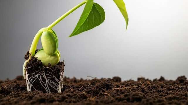 A sprouting legume seedling, still attached to its seed coat, emerges from dark soil; its delicate roots and vibrant green leaves contrast sharply against the neutral backdrop