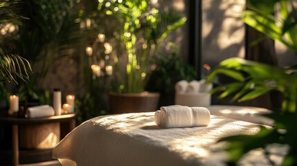 Tranquil Spa Interior with Soft Lighting, Fresh Towels, and Lush Greenery for Ultimate Relaxation Experience