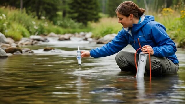 A woman in a blue jacket kneels by a stream, testing the water's pH level with a digital meter and a separate pH scale. She is focused on her work, immersed in the natural environment