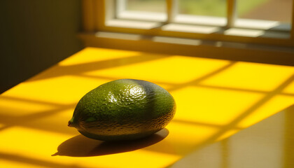 Golden avocado basking in sunlight on a vibrant yellow tabletop, hyperrealism. isolated with white highlights