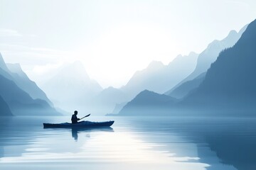 Fototapeta premium A solitary kayaker paddles across a tranquil lake, surrounded by majestic, misty blue mountains in a serene and peaceful atmosphere.
