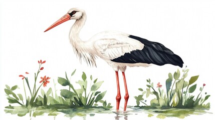 Fototapeta premium Graceful Stork in Natural Habitat Watercolor Vector Illustration