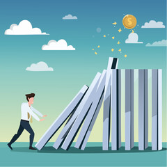 AI to disrupt human work, Artificial intelligence impact or challenge, job uncertainty future, innovation effect, AI change concept, AI robot arm push to collapse domino, businessman falling dow