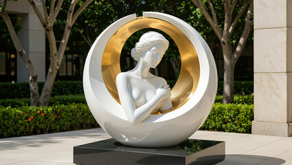 Serene White Gold Sculpture Woman Outdoor Setting female