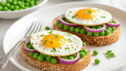 Sunny Side Up Eggs Pea Toast Red Onion Parsley Garnish