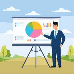Explainer video online tutorial or training course, expertise explaining business strategy online, movie or education video clip, businessman expert explain business pie chart in video interfac