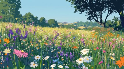 Vibrant Meadow Surrounded by Lush Trees Under Clear Blue Sky, Perfect for Nature Lovers and Outdoor Enthusiasts
