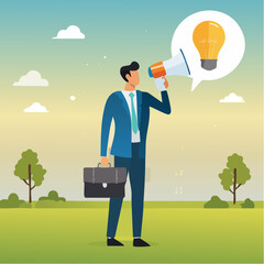 Communication, marketing message to communicate with consumer, advertising strategy, media or announcement information dialogue, businessman talking on megaphone with speech bubble lightbulb ide