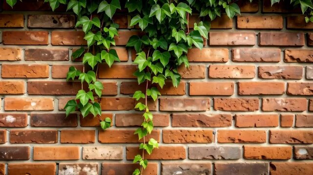 Rustic brick wall with hanging ivy vine, textured surface of old weathered bricks and green foliage, organic nature meets manmade architecture