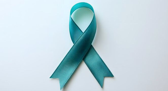 Teal ribbon symbolizing ovarian cancer awareness on white background - Powered by Adobe