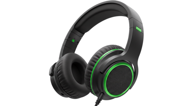 Black and green gaming headset wired headphones over ear headphones computer headphones audio equipment on transparent background