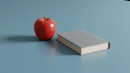Red apple and gray book on blue surface. Knowledge and wisdom concept. Still life composition featuring fresh fruit and closed book. Perfect image for educational video. - Powered by Adobe