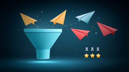 Business leaders flying paper planes shaped like customer reviews into glowing funnel feedback optimization concept