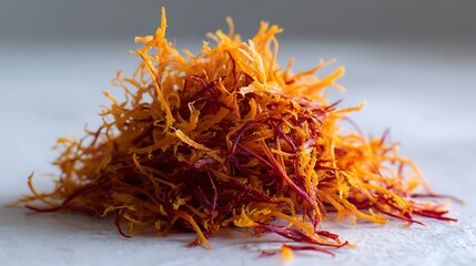 Heap of Vibrant Saffron Threads on a Neutral Background