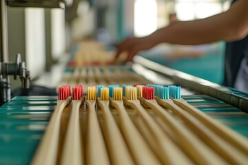 Naklejka premium Bamboo toothbrushes on a production line, different colored bristles, and a hand inspecting the quality of the finished product.
