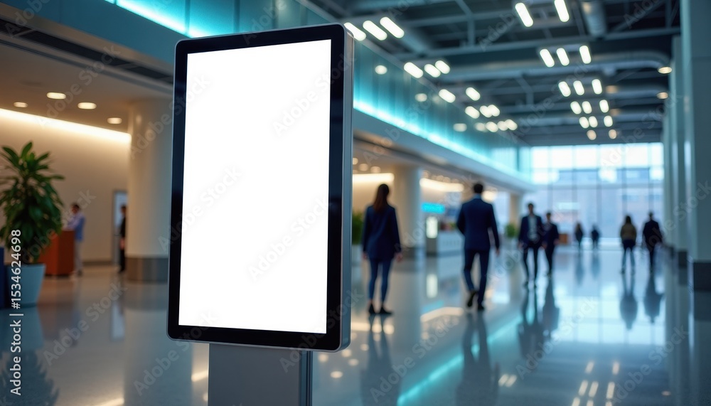 Poster digital signage display in modern office lobby with walking people