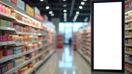 Blank indoor advertising display in a retail store aisle with products  