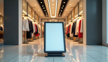 Fototapeta premium Empty display board in modern clothing store with shelves in background 