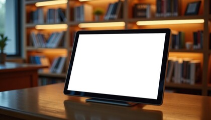 Blank computer monitor on wooden desk in modern library setting  