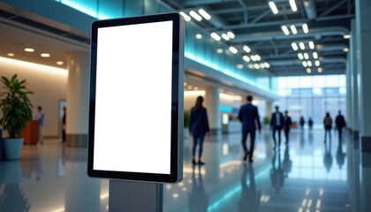 Digital signage display in modern office lobby with walking people  