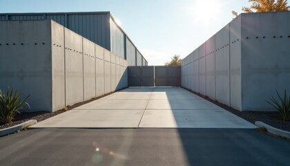 Obraz premium Modern concrete driveway leading to a minimalist garage entrance 