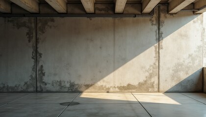 Empty concrete room with industrial lighting and textured walls  
