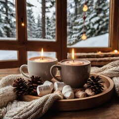 Cozy Winter Setup with Hot Cocoa and Lantern by Frosted Window

