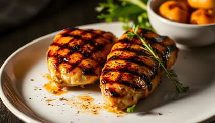 Juicy, perfectly seasoned flame-grilled chicken breasts, studio lighting. isolated with white highlights