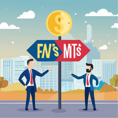 Obraz premium Fact vs Myth, truth or false information to make decision, belief or fiction to choose to believe, trustworthy, fraud or wrong direction concept, business people at Facts vs Myths directional sig