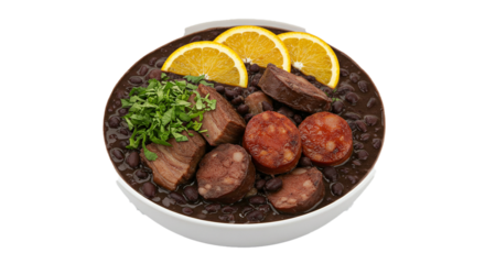 Authentic feijoada recipe brazilian black bean stew with pork sausage and orange slices traditional dish on transparent background