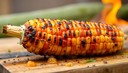Juicy, smoky charred sweet corn on the cob, realistic. isolated with white highlights