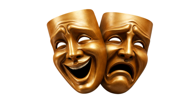 Theater masks comedy and tragedy drama acting performance arts golden masks emotions duality concept on transparent background