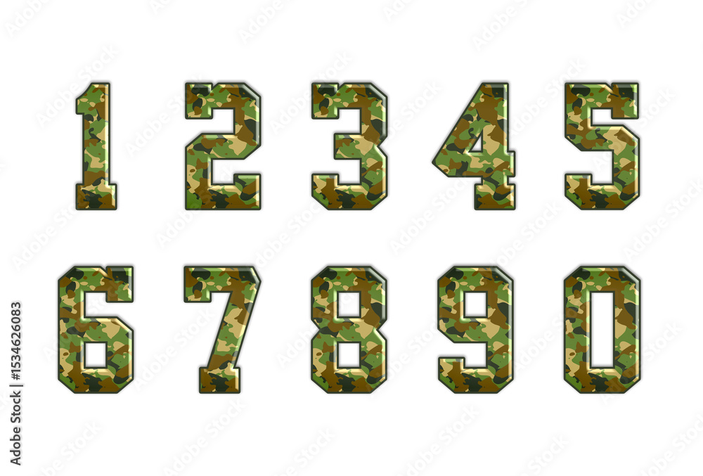Fototapete full set of embossed camouflage numbers 1 to 9 high resolution with transparent background