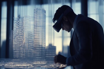 A person wearing a VR headset examines a futuristic city model, envisioning innovation and immersive design with a cutting-edge interface.