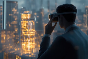 A man wearing VR glasses is looking at the city from behind, evening scene.